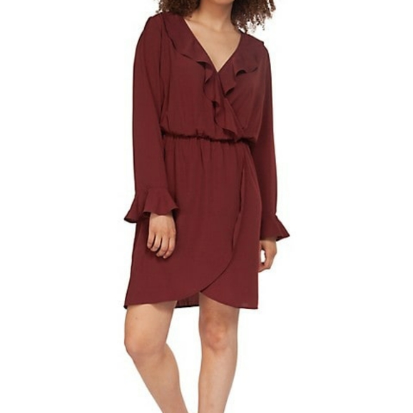 Dex Ruffled Dark Red Faux Wrap Dress - Picture 1 of 7
